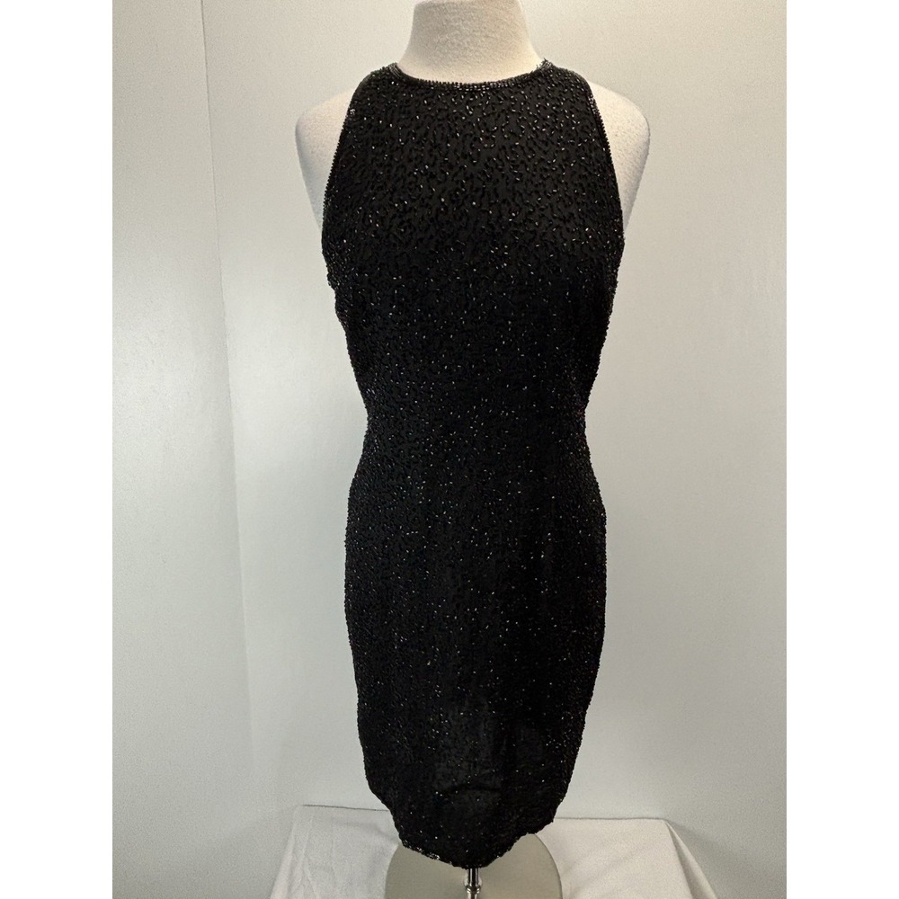 Vtg JMD New York  Beaded Sheath Dress Sz PM Petite Medium Black Sleeveless Silk